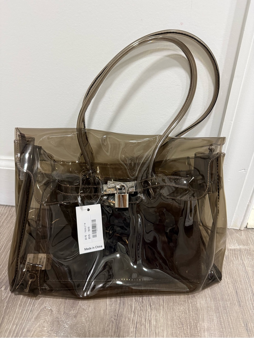 Smoky Brown Clear Jelly Tote Bag with Lock Accent